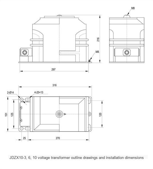 JDZX10-3, 6, 10 Voltage Transformer Outline Drawing and Installation Dimensions