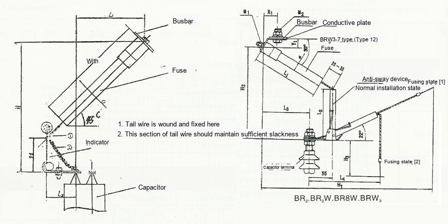 BR Series Dedicated Protection Fuse for Power Capacitors External and Installation Dimensions Diagram