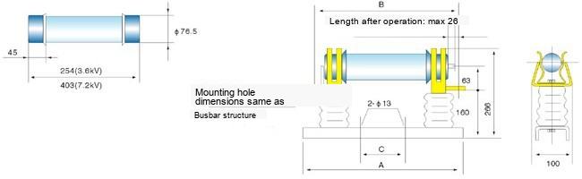 XRNM High-voltage Current-limiting Fuse Installation Dimension Diagram