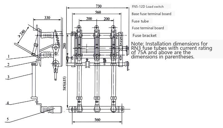 Drawing of FN5-12R Indoor AC High Voltage Load Switch