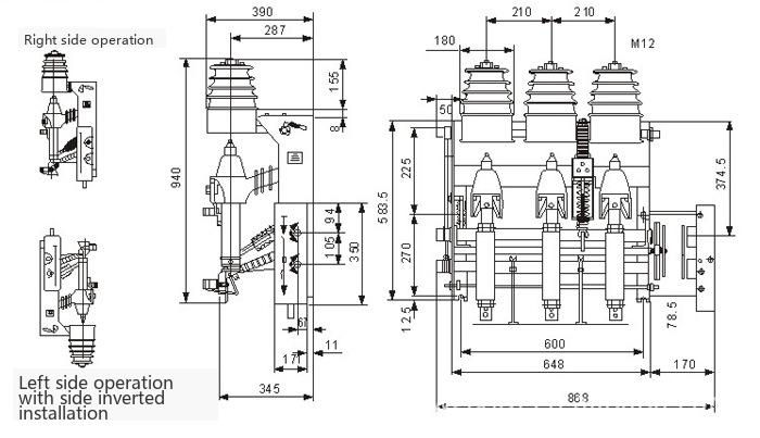 Outline and Installation Dimensions Drawing of FKN12-12D High Voltage Load Switch