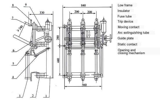 Drawing of FN5-12R/S Indoor AC High Voltage Load Switch