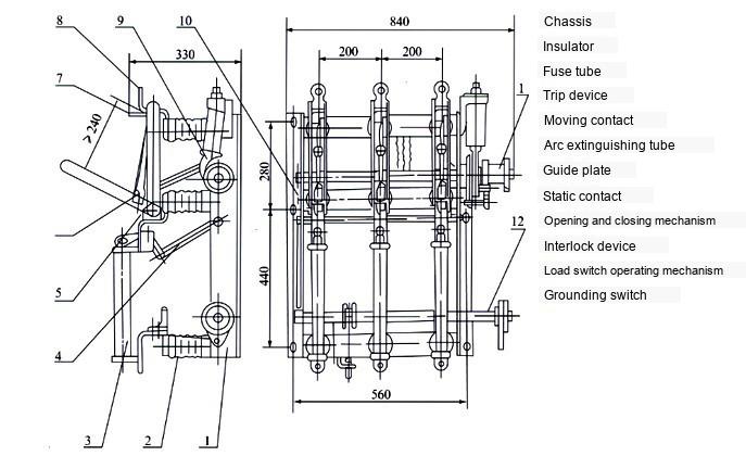 Drawing of FN5-12R(L) Indoor AC High Voltage Load Switch