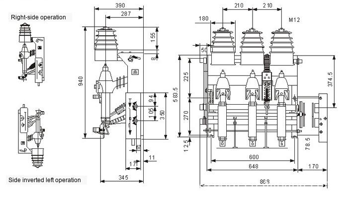 Outline and Installation Dimensions Drawing of FN12-12 Series Fuse Load Combination Switch