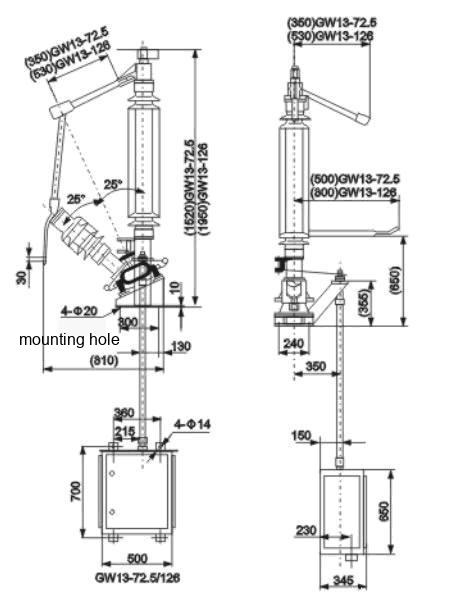 GW13 Neutral Point Outdoor High Voltage Disconnecting Switch Outline Installation Dimensions 2
