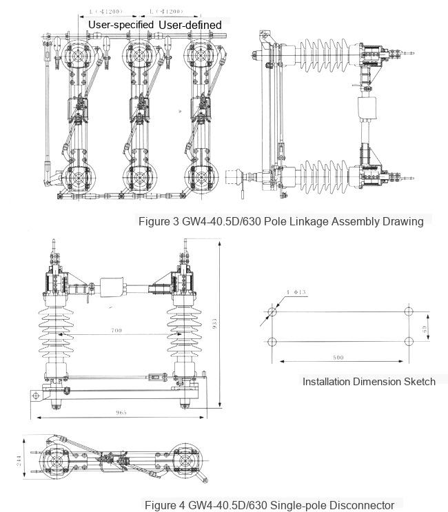 GW4-40.5kV Outdoor High Voltage Disconnecting Switch Outline and Installation Dimensions 1
