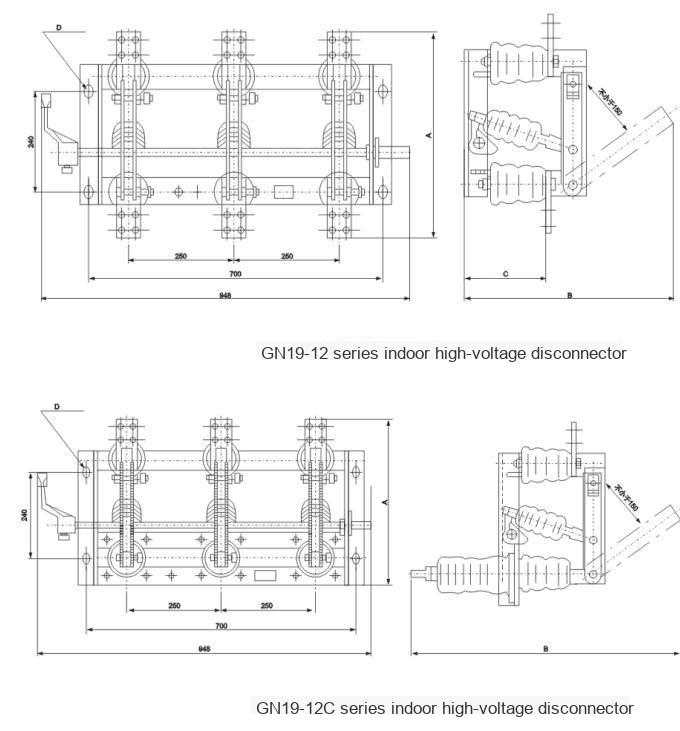 GN19-10kV Indoor High Voltage Disconnecting Switch Outline Installation Dimensions