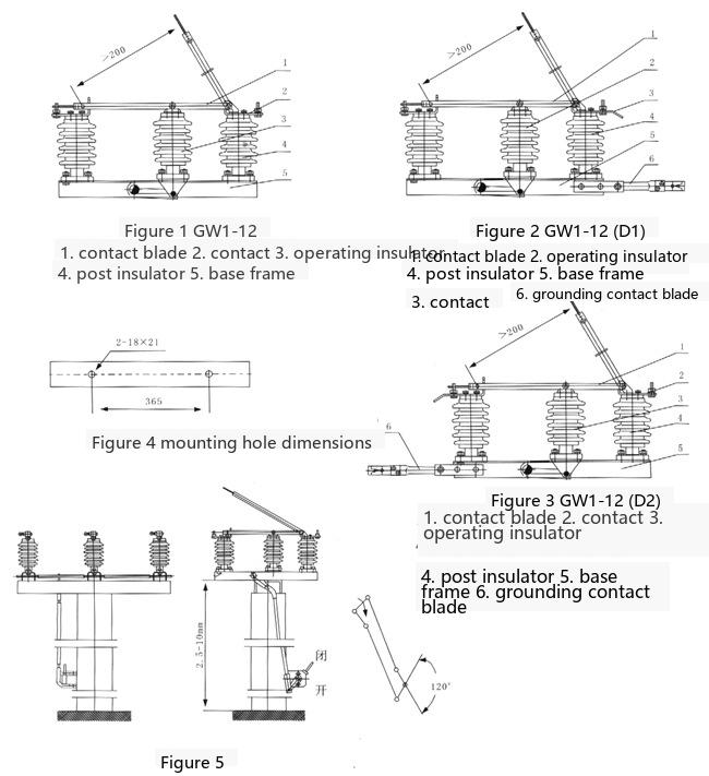 GW1-12DW Outdoor High Voltage Disconnecting Switch Outline and Installation Dimensions