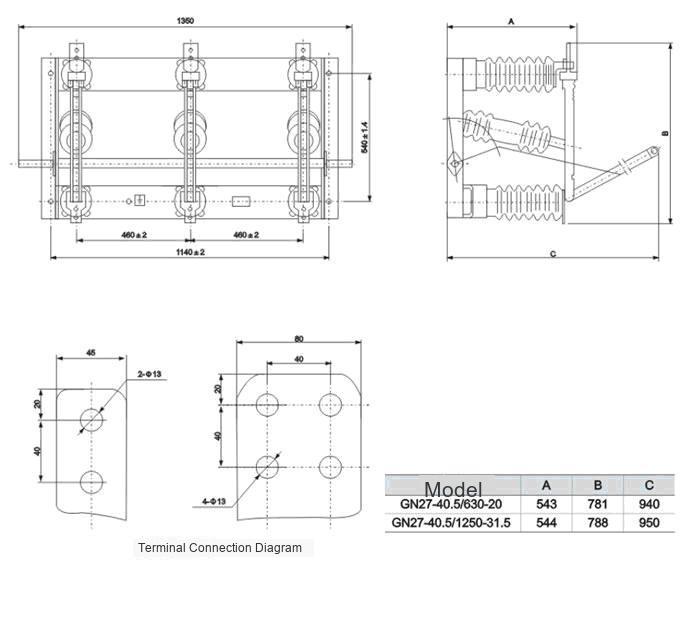 GN27-40.5 Indoor High Voltage Disconnecting Switch Outline Installation Dimensions