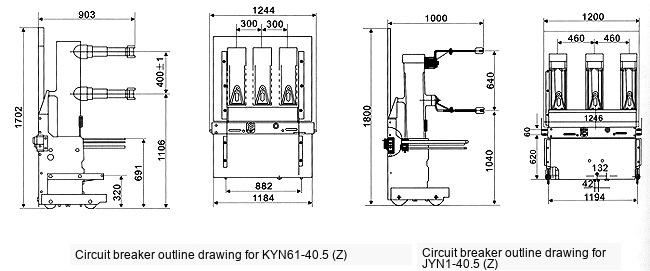 ZN85-40.5/630A Indoor Vacuum Circuit Breaker Outline and Installation Dimensions