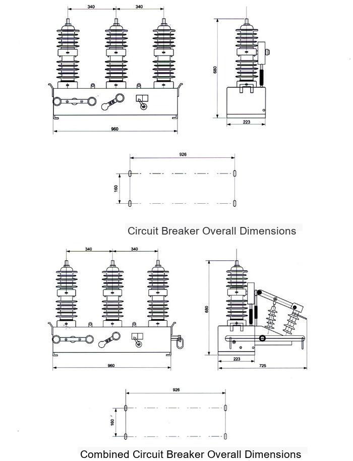 ZW32-12G/630A Outdoor High Voltage Vacuum Circuit Breaker Outline Drawing